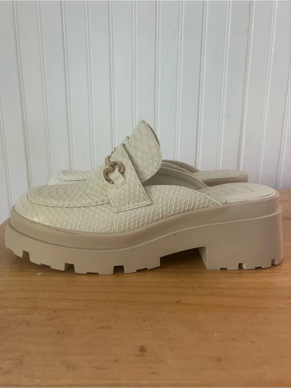 Shushop Audra Platform Mule Loafers 8.5 Beige Snake Embossed Chunky Lug Sole